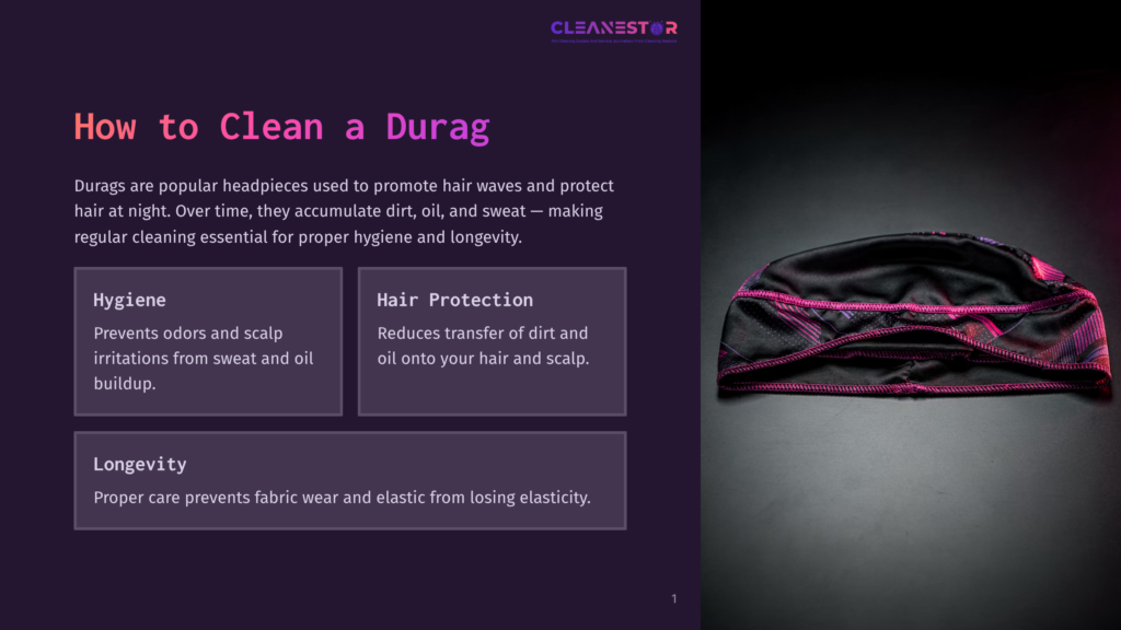 A Black Durag With Pink And Purple Stitching Lies On A Dark Background, Next To A Presentation Slide Titled &Quot;How To Clean A Durag&Quot; Which Details Hygiene, Hair Protection, And Longevity.