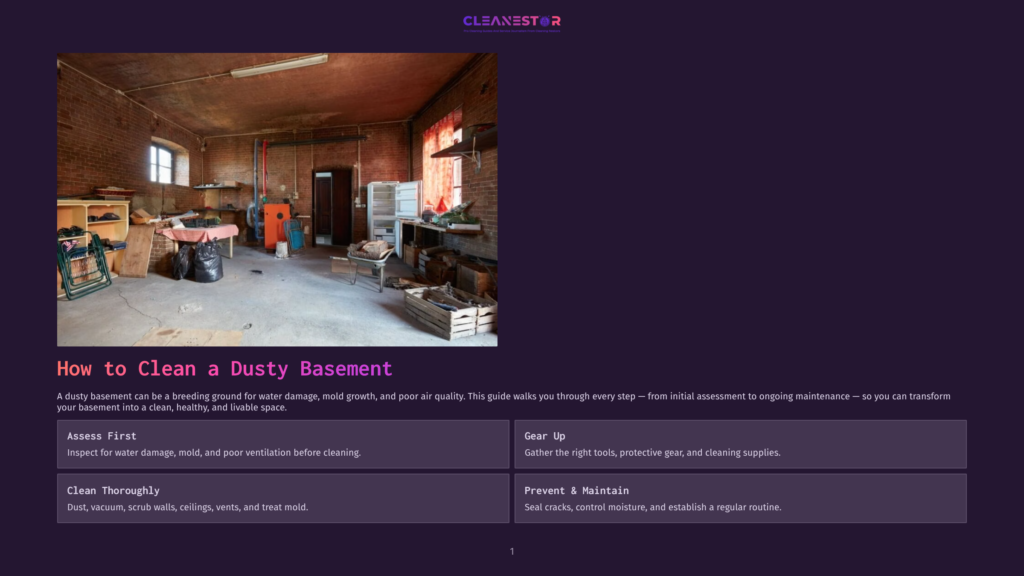A Dusty, Cluttered Basement With Exposed Brick Walls, Shelves Filled With Various Items, And A Large Black Trash Bag. Text Overlay Reads &Quot;How To Clean A Dusty Basement&Quot;.