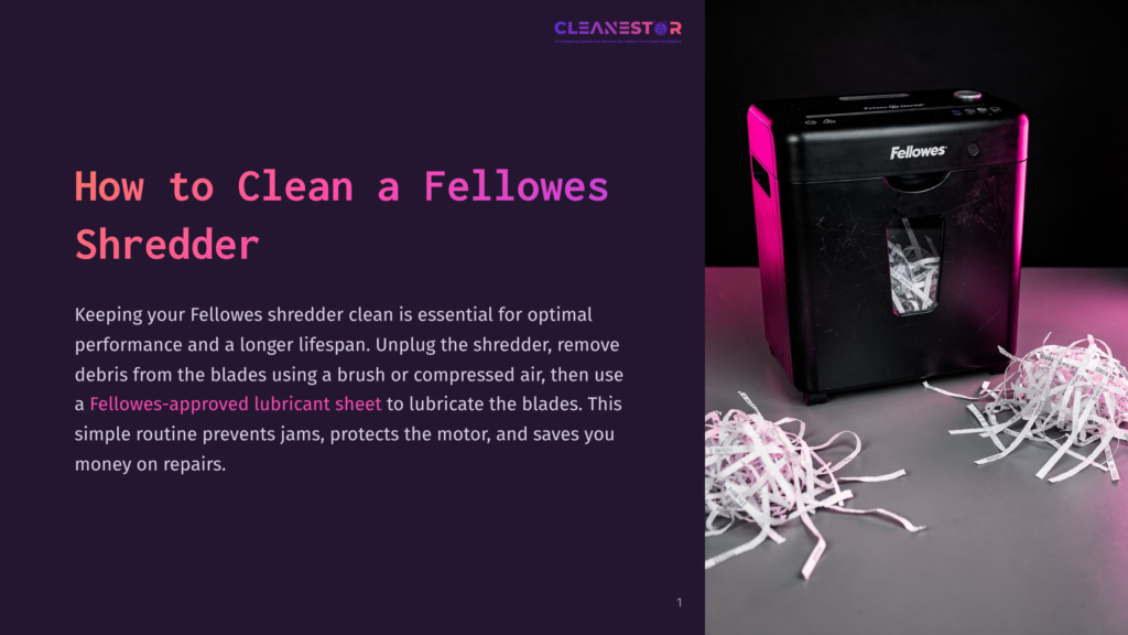 Fellowes Shredder With Shredded Paper On A Dark Surface, With Text &Quot;How To Clean A Fellowes Shredder&Quot; On The Left.