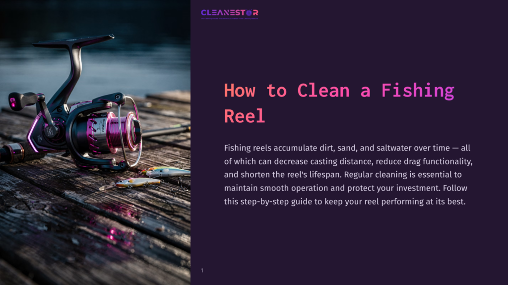 A Fishing Reel With Purple And Black Accents Sits On A Wooden Dock By The Water, With A Fish Bait Nearby. Text Overlay Reads &Quot;How To Clean A Fishing Reel&Quot;.