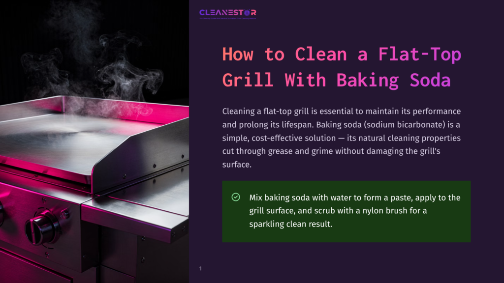 1 How To Clean A Flat Top Grill With Baking Soda Close-Up Of A Stainless Steel Flat-Top Grill With Steam Rising From Its Surface, Illuminated By Pink And Purple Lighting. The Text &Quot;Cleanestor&Quot; Is Visible At The Top Left.