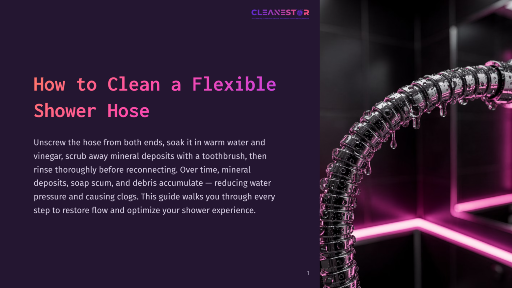 1 How To Clean A Flexible Shower Hose Close-Up Of A Flexible, Metallic Shower Hose With Water Droplets, Set Against A Dark Background With Vibrant Pink Neon Lighting. Text Overlay Reads &Quot;Cleanestor&Quot; And &Quot;How To Clean A Flexible Shower Hose&Quot;.
