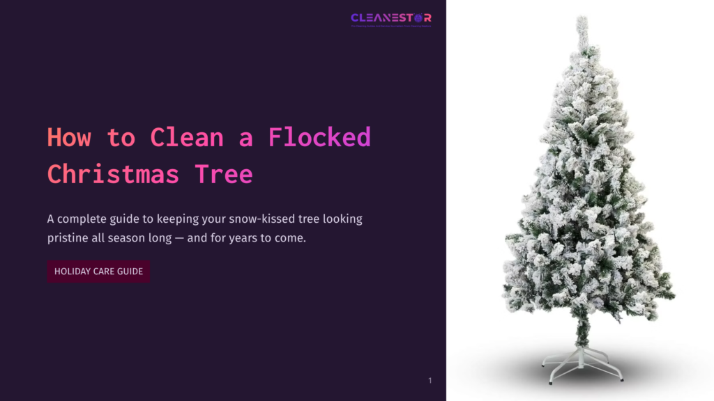 A Flocked Artificial Christmas Tree With Snow-Like Flocking And A White Metal Stand, Set Against A White Background. The Text &Quot;How To Clean A Flocked Christmas Tree&Quot; Is Visible On The Left Side Of The Image.