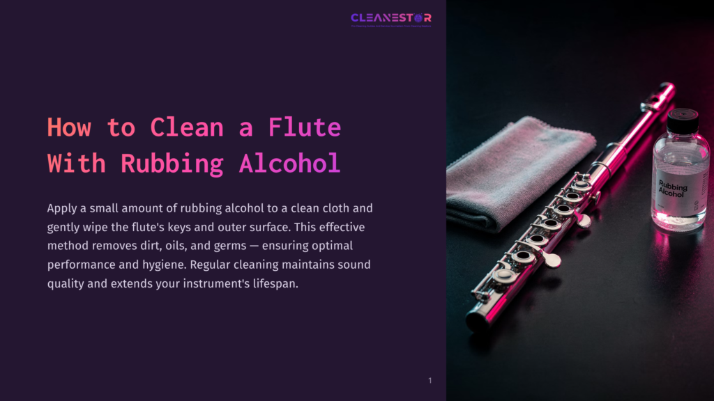 A Silver Flute Rests On A Dark Surface Next To A Microfiber Cleaning Cloth And A Small Bottle Of Rubbing Alcohol, With Pink And Blue Lighting Reflecting On The Instrument. Text Overlay Reads &Quot;Cleanestor&Quot; And &Quot;How To Clean A Flute With Rubbing Alcohol.