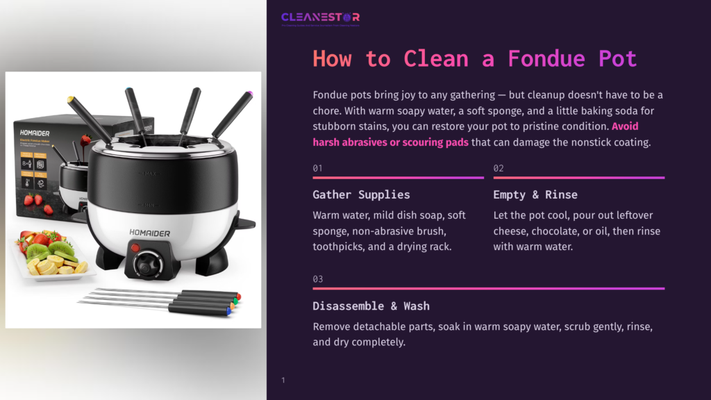A White And Black Homerider Fondue Pot With Its Accessories Is Shown, With Instructions On How To Clean A Fondue Pot Displayed On The Right. The Cleaning Guide Details Gathering Supplies, Emptying And Rinsing, And Disassembling And Washing The Pot.