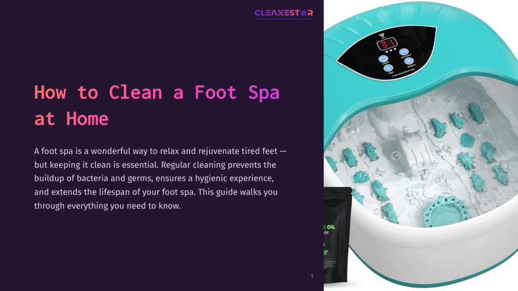 Close-Up Of A Turquoise Foot Spa With Bubbling Water And Multiple Rollers, Featuring A Digital Timer Display Showing &Quot;3.4&Quot;. Text Overlay Reads &Quot;Cleanestor&Quot; And &Quot;How To Clean A Foot Spa At Home&Quot;.