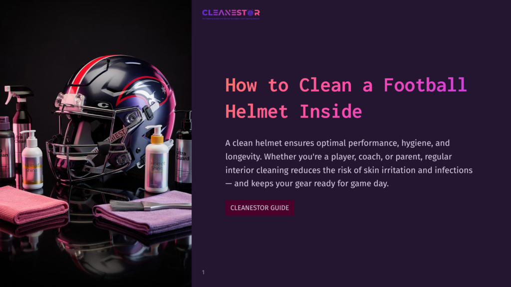 A Black And Red Football Helmet With A Silver Face Guard Sits Next To Cleaning Products On A Purple Background. The Helmet Is Surrounded By Bottles Of Cleaning Solution, A Sponge, And A Towel, Indicating A Guide On How To Clean A Football Helmet.