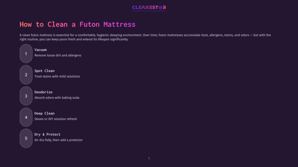 Infographic Titled &Quot;How To Clean A Futon Mattress&Quot; Detailing 5 Steps: Vacuum, Spot Clean, Deodorize, Deep Clean, And Dry &Amp; Protect. The Steps Are Presented In Numbered Circles With Brief Descriptions.