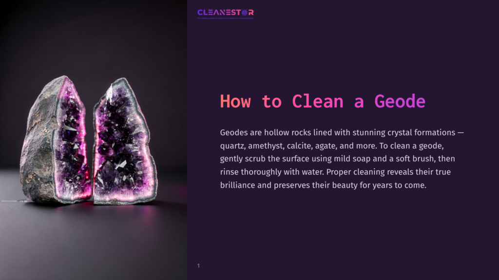 Two Halves Of A Geode, Displaying Vibrant Purple Amethyst Crystals, Are Showcased On A Dark Surface. The Text &Quot;How To Clean A Geode&Quot; Is Prominently Displayed.