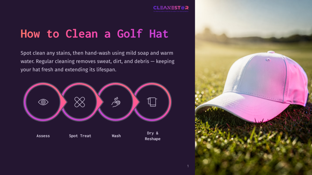 Infographic Titled &Quot;How To Clean A Golf Hat&Quot; With Steps: Assess, Spot Treat, Wash, Dry &Amp; Reshape. A White Golf Hat Rests On Green Grass In The Background.