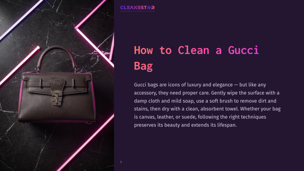 A Luxurious Brown Leather Gucci Handbag With A Prominent Gg Logo Clasp Is Artfully Displayed On A Dark Marble Surface, Illuminated By Vibrant Pink And Blue Neon Light Tubes.
