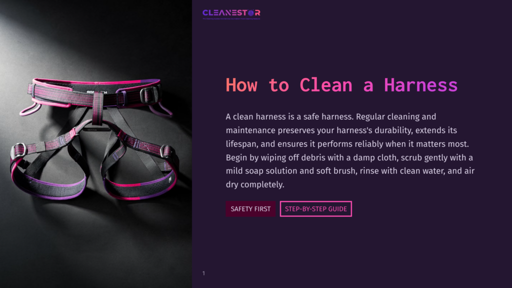 A Climbing Harness With Pink And Purple Accents Lies On A Dark Surface, With The Text &Quot;How To Clean A Harness&Quot; And &Quot;Step-By-Step Guide&Quot; Visible.