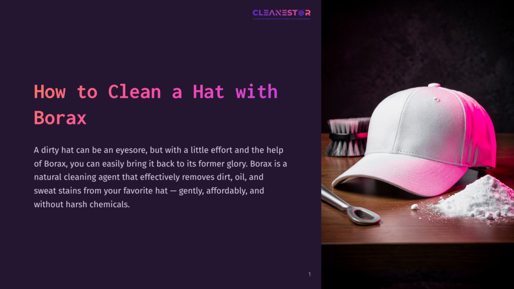 1 How To Clean A Hat With Borax A White Baseball Cap Sits On A Wooden Surface Next To A Pile Of Borax Powder And A Metal Cleaning Tool. A Pink Light Illuminates The Hat And Powder, Suggesting A Cleaning Demonstration.