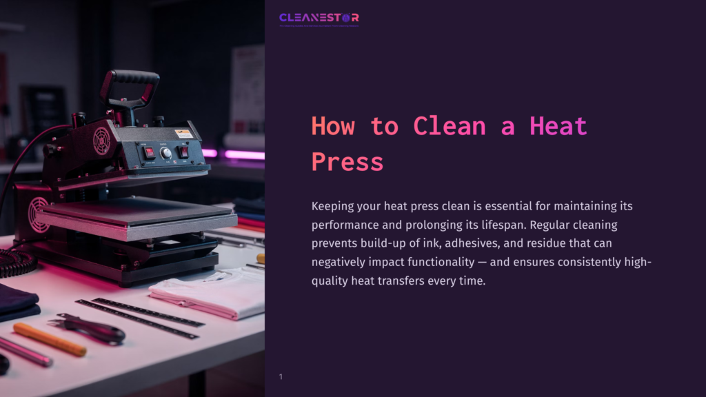 Cleanestor Logo Above A Black Heat Press Machine On A White Table. Text Reads &Quot;How To Clean A Heat Press&Quot; And &Quot;Keeping Your Heat Press Clean Is Essential For Maintaining Its Performance And Prolonging Its Lifespan. Regular Cleaning Prevents Build-Up Of Ink, Adhesives, And Residue That Can Negatively Impact Functionality – And Ensures Consistently High-Quality Heat Transfers Every Time.