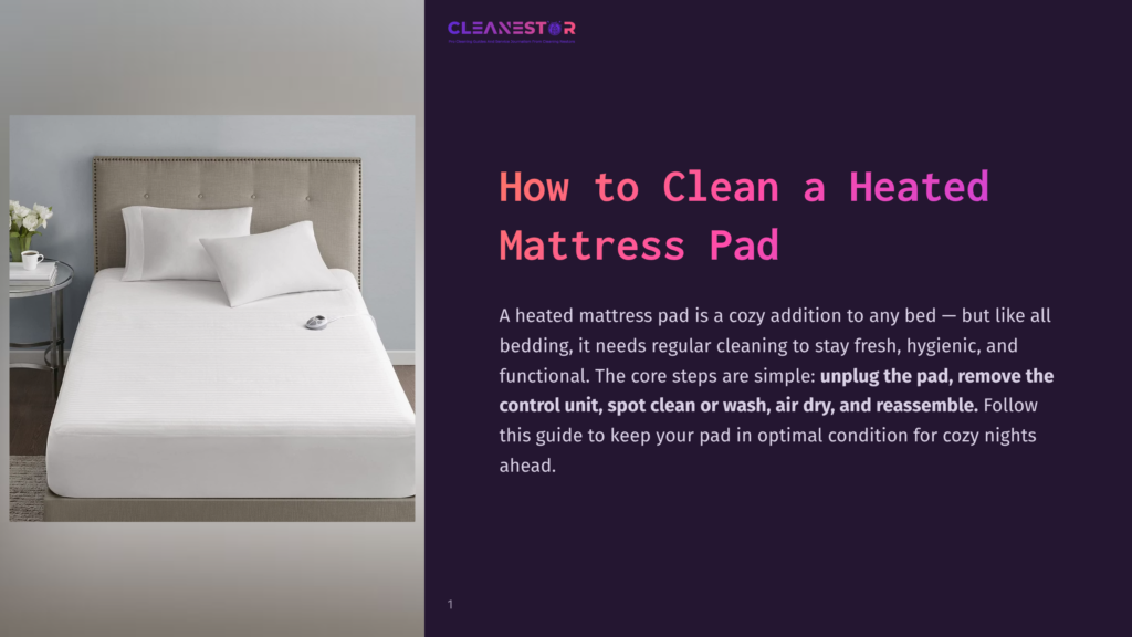A Clean, White Heated Mattress Pad Is Neatly Made Up On A Bed, With Plush Pillows And A Headboard. The Text &Quot;How To Clean A Heated Mattress Pad&Quot; Is Overlaid.