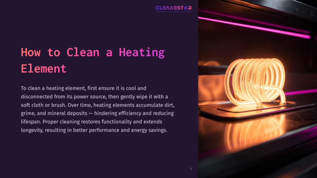 1 How To Clean A Heating Element Close-Up Of A Glowing Orange Heating Element In An Oven, With Pink Light In The Background. Text Reads &Quot;Cleanestor&Quot; And &Quot;How To Clean A Heating Element&Quot;.