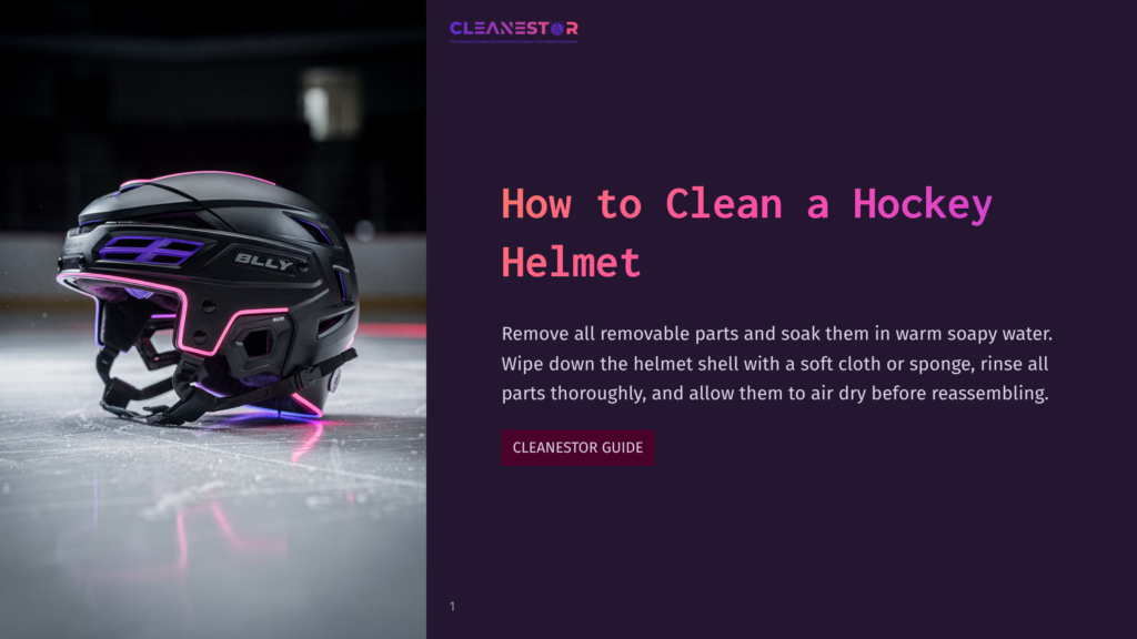 Black And Purple Hockey Helmet With Neon Lights, Resting On A Shiny Ice Rink Surface. The Helmet Features Billy Branding And Glowing Pink Accents, Set Against A Dark, Blurred Background.