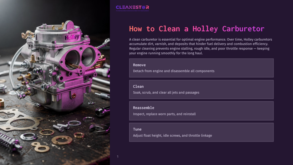 A Vintage Holley Carburetor Sits On A Wooden Surface Surrounded By Disassembled Parts And Gasket Seals, With A &Quot;Cleanestor&Quot; Logo And Instructions On How To Clean A Holley Carburetor Visible In The Background.