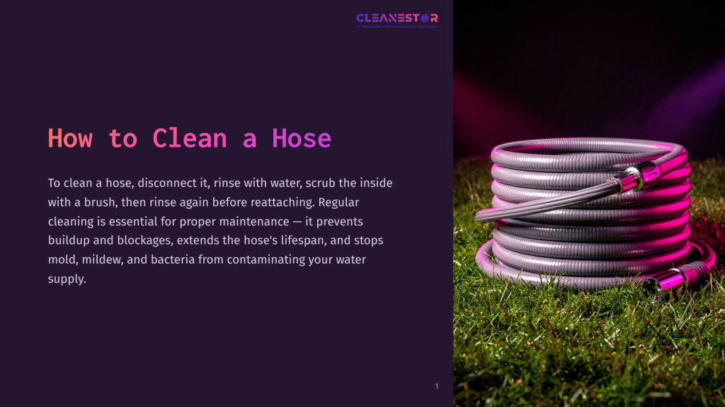 A Purple Hose Coiled On Green Grass, With A Pink And Silver Nozzle, Illustrating The Steps To Clean A Hose With A Brush And Water.