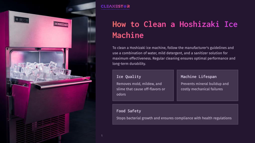 A Modern Hoshizaki Ice Machine With A Stainless Steel Finish Is Filled With Clear Ice Cubes, With The &Quot;Cleanestor&Quot; Logo And Text &Quot;How To Clean A Hoshizaki Ice Machine&Quot; Visible On The Right.