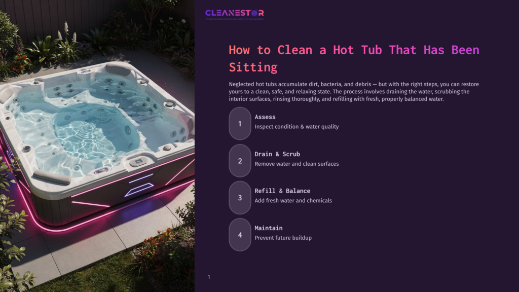 A Modern, Luxurious Hot Tub With Glowing Pink And Purple Led Lights Sits On A Patio At Night, Surrounded By Lush Green Grass And Plants. Text Overlays Provide Instructions On How To Clean A Hot Tub.