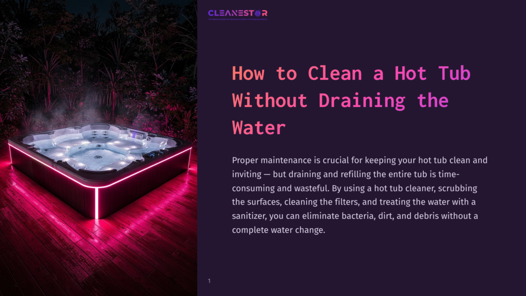1 How To Clean A Hot Tub Without Draining The Water A Modern, Illuminated Hot Tub Glows With Blue Water And Pink Neon Lights At Night, Set On A Wooden Deck Surrounded By Lush, Dark Foliage. Text At The Top Reads &Quot;Cleanestor&Quot; And &Quot;How To Clean A Hot Tub Without Draining The Water&Quot;.