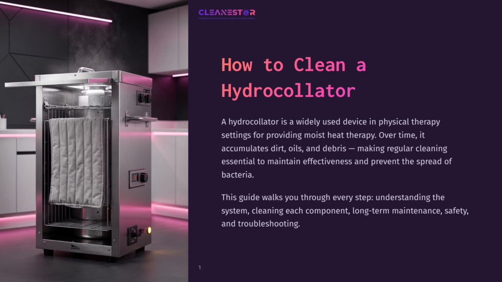 A Stainless Steel Hydrocollator Unit With A Towel Inside, Illuminated By Pink Led Lighting In A Modern Kitchen Setting. The Cleanestor Logo And &Quot;How To Clean A Hydrocollator&Quot; Text Are Visible.