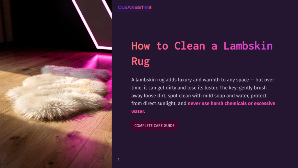 1 How To Clean A Lambskin Rug A Fluffy White Lambskin Rug Lies On A Polished Wooden Floor, Bathed In Warm Pink And Purple Light From A Nearby Neon Lamp. The Text &Quot;Cleanestor&Quot; And &Quot;How To Clean A Lambskin Rug&Quot; Is Visible.