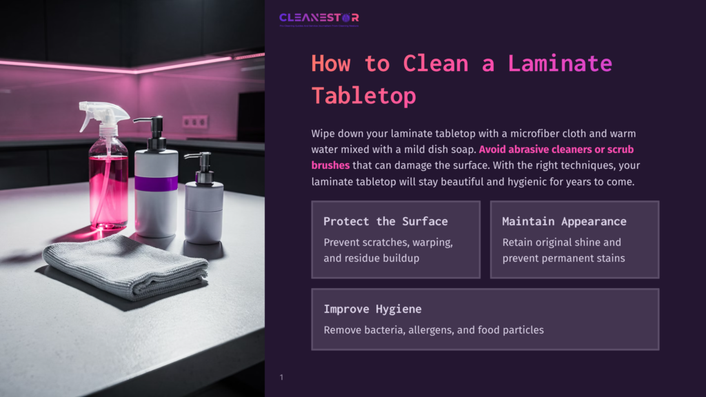 Cleanestor Logo Above A Modern Kitchen Counter With Pink Lighting, Featuring A Spray Bottle, Two Pump Bottles, And A Grey Microfiber Cloth, Ready For Cleaning A Laminate Tabletop.