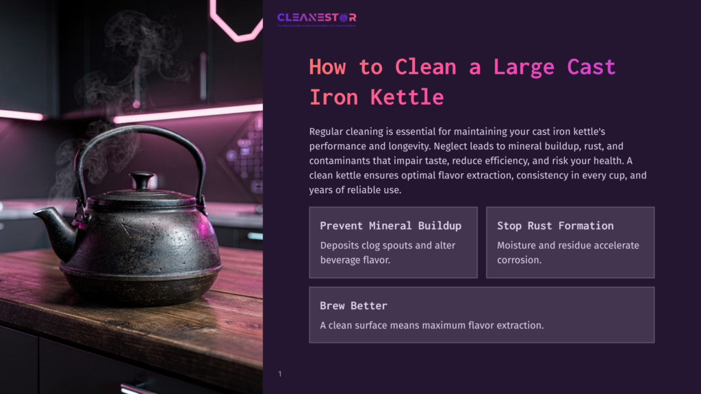 A Vintage, Dark Cast Iron Kettle Steams On A Rustic Wooden Surface, With A Blurred, Dimly Lit Kitchen Background Featuring Pink Neon Lights. The Image Is Part Of A &Quot;Cleanestor&Quot; Guide On How To Clean A Large Cast Iron Kettle.