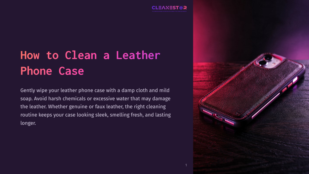 A Dark Leather Iphone Case With A Textured Finish Rests On A Dark Wooden Surface, Illuminated By Dramatic Pink And Purple Lighting. The Text &Quot;Cleanestor&Quot; Is Visible At The Top.