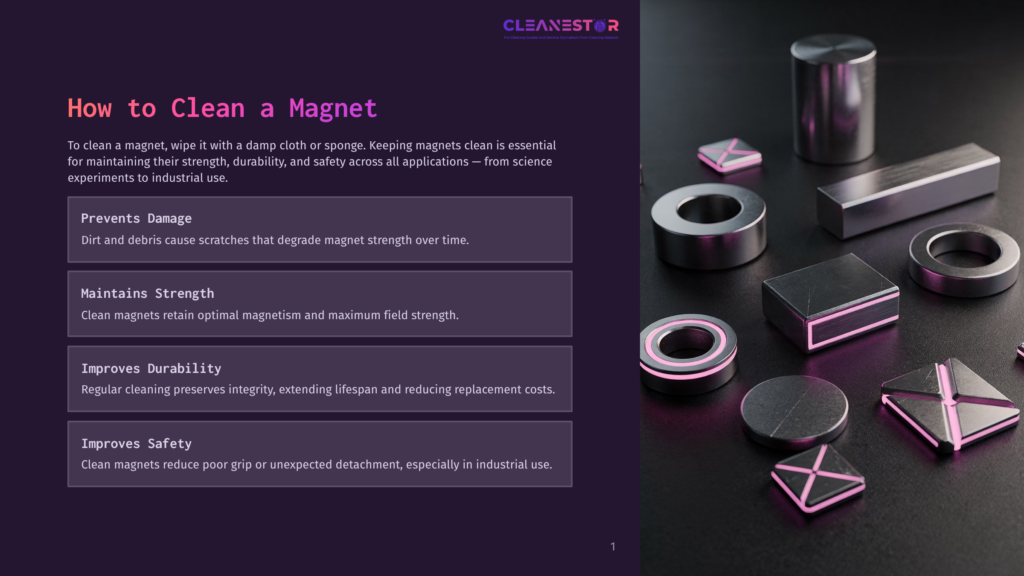 Various Industrial Magnets, Including Block, Ring, And Cube Shapes, Are Arranged On A Dark, Textured Surface. Some Magnets Have Bright Pink Geometric Accents.