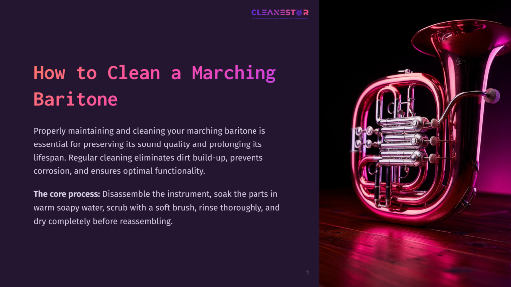 A Shiny, Pink Marching Baritone Horn Rests On A Dark Wooden Surface, Illuminated By Vibrant Pink Stage Lighting. The Text &Quot;Cleanestor&Quot; Is Visible At The Top.