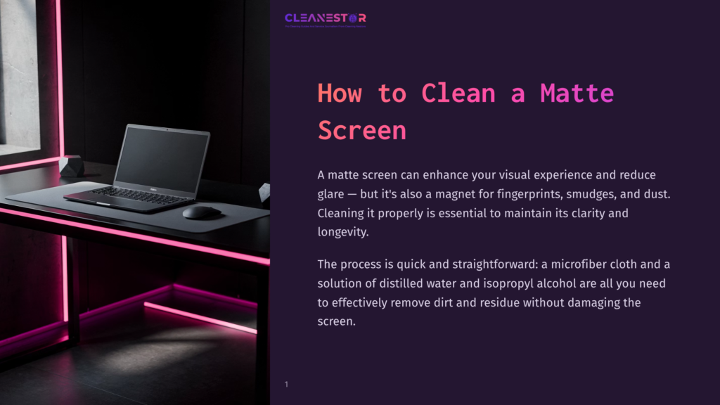 A Modern Laptop Sits On A Dark Desk With Neon Pink Lighting, Next To A Mouse And A Desk Mat. The Screen Displays The Text &Quot;Cleanestor&Quot; And &Quot;How To Clean A Matte Screen&Quot;.