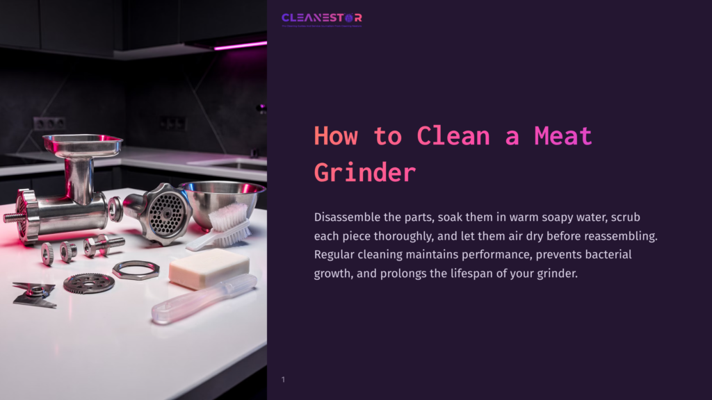 A Stainless Steel Meat Grinder Disassembled On A Countertop, With Cleaning Soap And Brush Nearby. Text Overlay Reads &Quot;How To Clean A Meat Grinder.