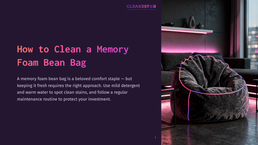 A Plush, Oversized Memory Foam Bean Bag Chair In A Deep Charcoal Color, Illuminated By Vibrant Pink And Purple Neon Lights, Sits In A Modern Living Room With A City View. The Text &Quot;Cleanestar&Quot; Is Visible At The Top.