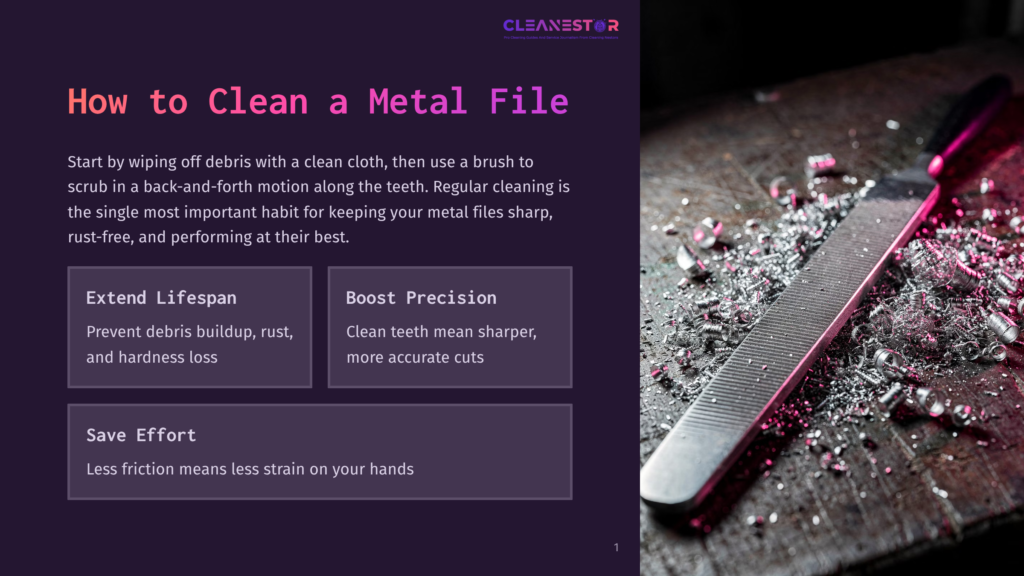 Close-Up Of A Metal File With Metal Shavings Scattered Around It, With Text Overlay &Quot;How To Clean A Metal File&Quot; And &Quot;Cleanestor&Quot; Logo.