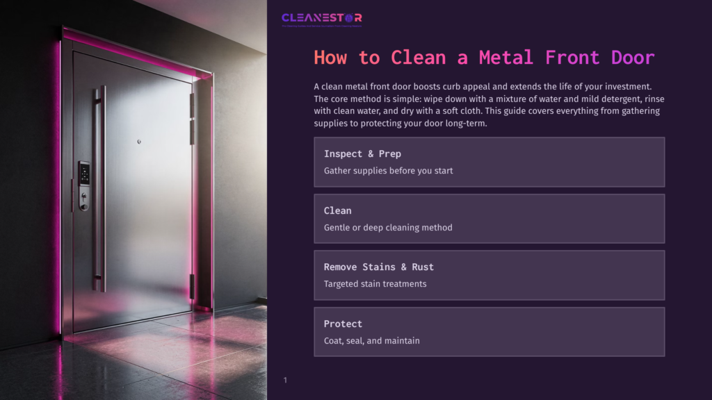 A Sleek, Modern Metal Front Door With A Digital Lock And Handle, Illuminated By Purple Led Lights, Stands Open In A Dimly Lit Hallway. The Text &Quot;Cleanestor&Quot; And &Quot;How To Clean A Metal Front Door&Quot; Is Visible.