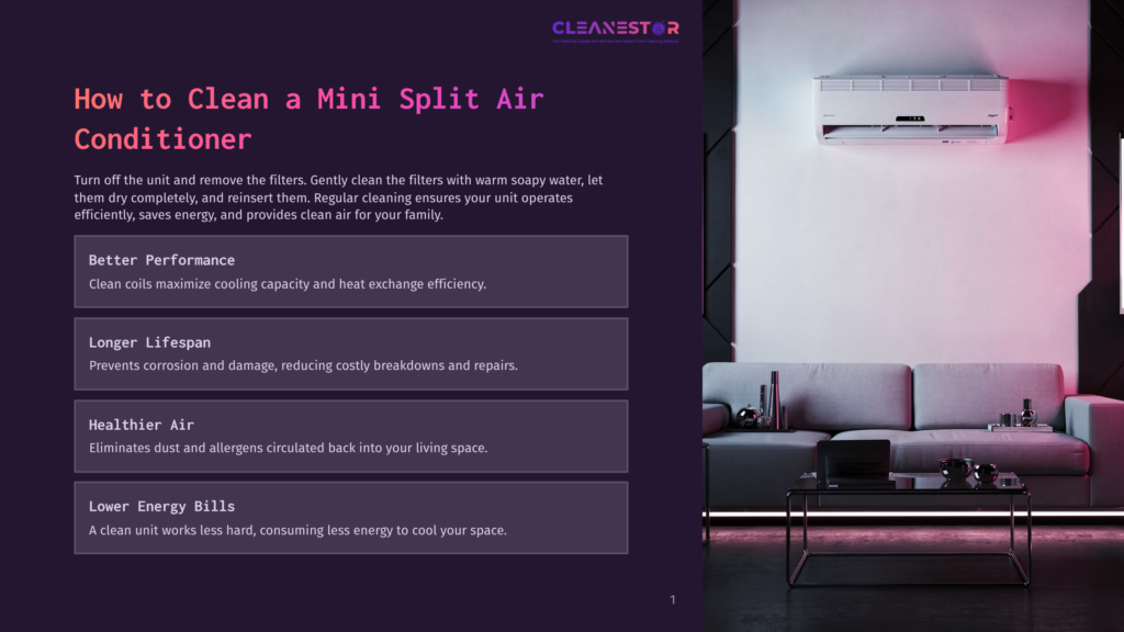 1 How To Clean A Mini Split Air Conditioner A Modern Living Room With A Sleek Mini-Split Air Conditioner Mounted High On A Wall. A Plush Gray Sofa And Matching Chairs Are Arranged Around A Glass Coffee Table, With A Dark Wall And Ambient Lighting Creating A Sophisticated Atmosphere.