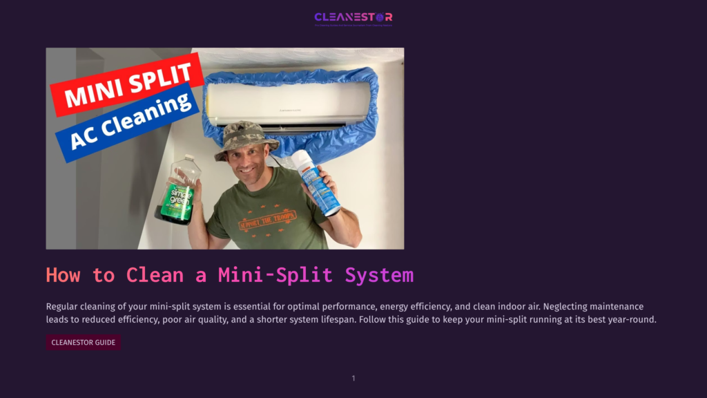 A Man Wearing A Camouflage Hat Holds A Bottle Of Cleaner And A Spray Can In Front Of A Mini-Split Air Conditioning System, With The Words &Quot;Mini Split Ac Cleaning&Quot; Prominently Displayed.