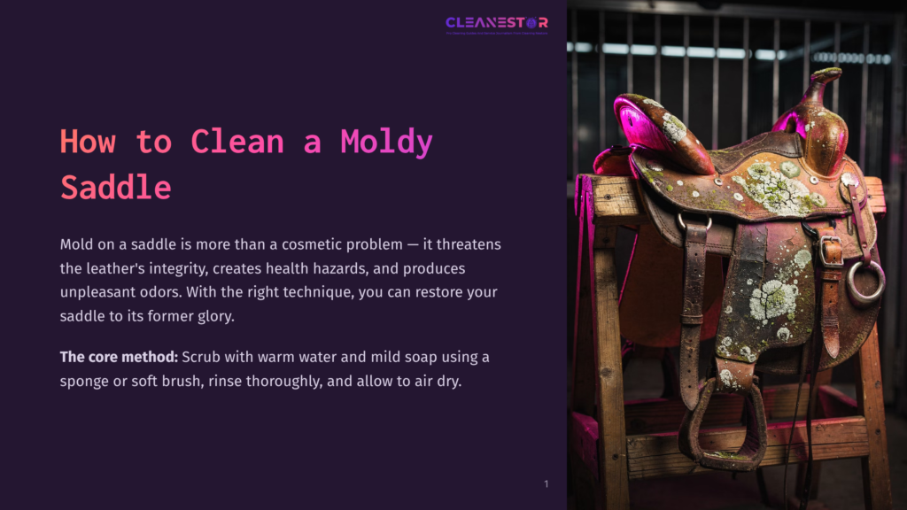 1 How To Clean A Moldy Saddle A Moldy, Antique Leather Saddle Sits On A Wooden Stand, Illuminated By Dramatic Pink And Purple Lighting. Visible Mold Patches Cover The Saddle'S Surface, Highlighting The Need For Saddle Cleaning.