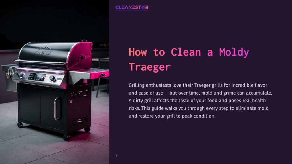 A Black Traeger Grill With A Pink Lid Is Shown At Night On A Rooftop Deck, With The Title &Quot;How To Clean A Moldy Traeger&Quot; And Descriptive Text Overlaid On The Right Side.