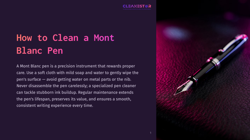 1 How To Clean A Mont Blanc Pen A Sleek Mont Blanc Pen Rests On A Rich, Deep Purple Leather Surface, Its Silver And Black Trim Gleaming Under Soft Lighting. A Guide On The Page Titled &Quot;How To Clean A Mont Blanc Pen&Quot; Is Visible, Emphasizing The Importance Of Gentle Care.