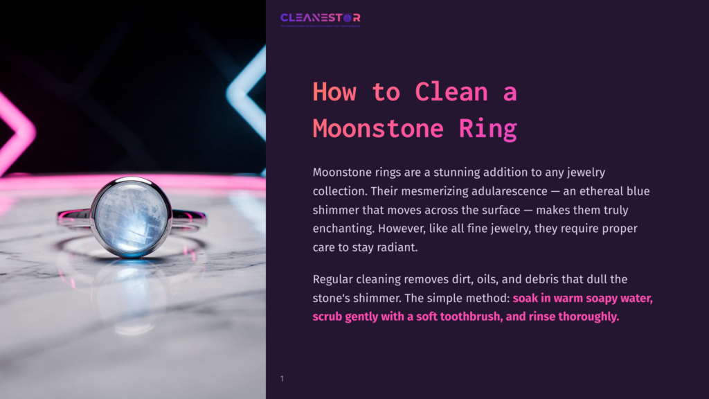 1 How To Clean A Moonstone Ring Close-Up Of A Stunning Moonstone Ring With A Prominent, Ethereal Blue Shimmer, Resting On A Marble Surface. The Ring Is Set In Silver, Showcasing The Captivating Adularescence Of The Gemstone, Perfect For Cleaning And Care.