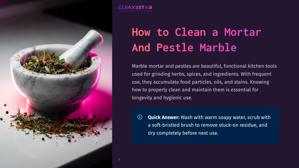 A Marble Mortar And Pestle On A White Surface With Herbs And Spices Inside, Illuminated By Pink Light. A Blue Box With A Q&Amp;A Prompt Suggests Washing With Warm Soapy Water And Drying Before Next Use.