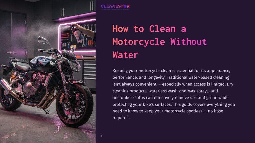 1 How To Clean A Motorcycle Without Water A Person Sprays A Can Of Waterless Wash On A Sleek Black Motorcycle Parked In A Dimly Lit Garage With Purple Neon Lights, Showcasing The Ease Of Cleaning Without Water.