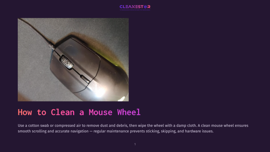 1 How To Clean A Mouse Wheel Close-Up Of A Black Computer Mouse With A Textured Scroll Wheel, Resting On A Dark Surface. Text Overlay Reads &Quot;How To Clean A Mouse Wheel&Quot;.