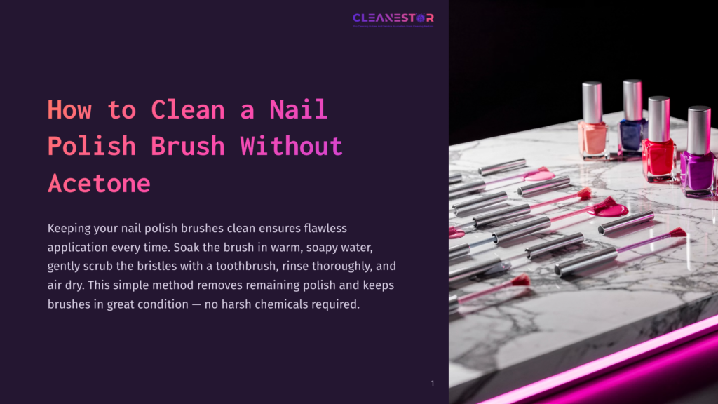 Close-Up Of Several Nail Polish Brushes With Pink And Purple Bristles Resting On A Marble Surface, Next To Bottles Of Colorful Nail Polish. The Text &Quot;Cleanestar&Quot; Is Visible.