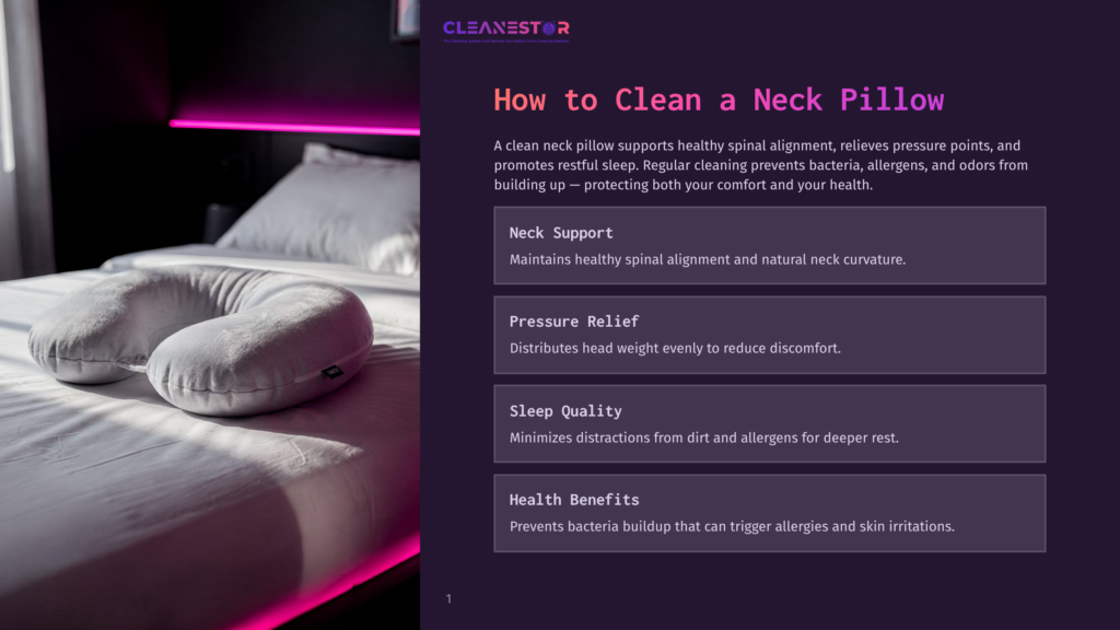 A Clean Neck Pillow Rests On A White Bed With A Pink Headboard. Text Overlay Reads &Quot;Cleanestor&Quot; And &Quot;How To Clean A Neck Pillow.
