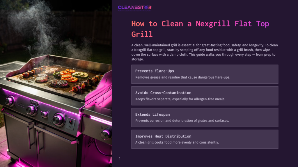 1 How To Clean A Nexgrill Flat Top Grill A Nexgrill Flat Top Grill With Food Cooking On It, Illuminated By Purple Led Lights.